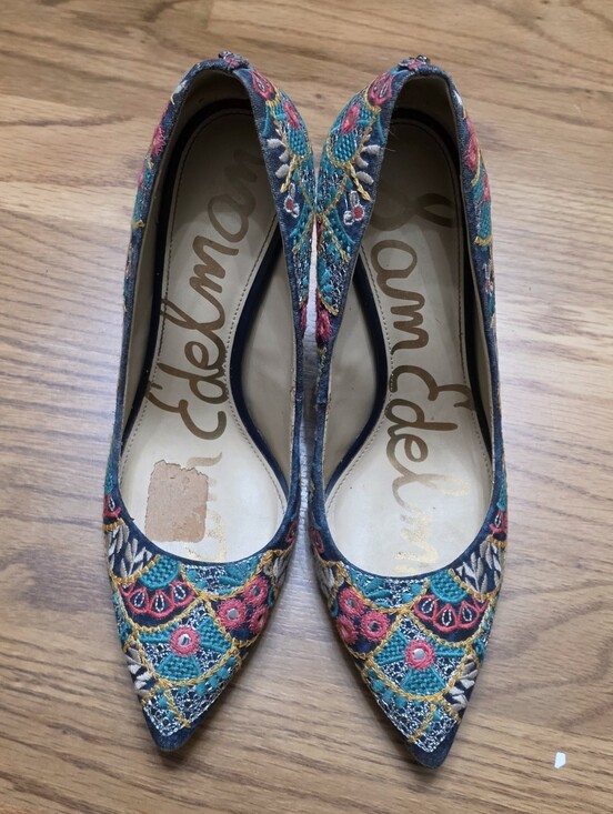 Sam Edelman Shoes - Sam Edelman Teal Floral Embroidered Pointed-Toe Heels